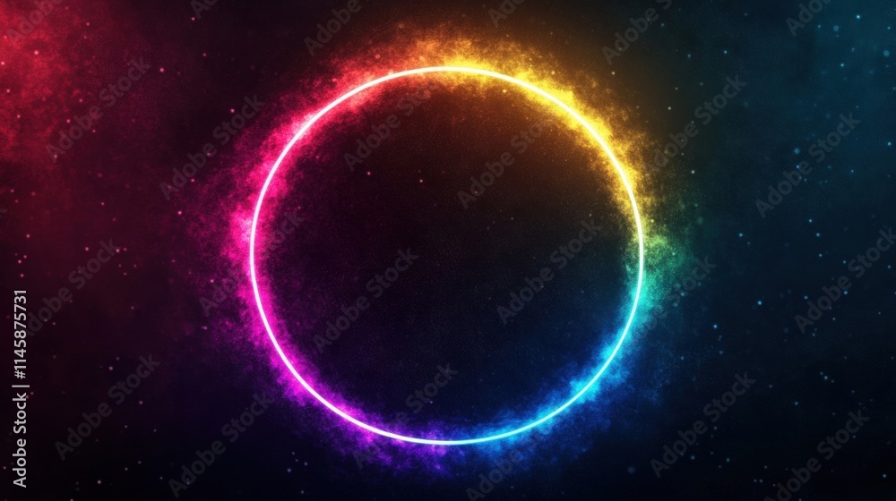 A striking neon light circle radiates vibrant colors against a black background, showcasing a captivating glow that enhances the atmosphere A striking neon light circle radiates vibrant colors against a black background, showcasing a captivating glow that enhances the atmosphere