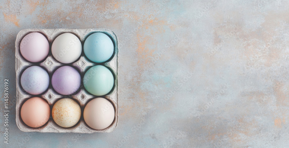 Colorfully dyed pastel easter eggs sit in a carton, waiting to be used for decoration during spring celebrations and family gatherings Colorfully dyed pastel easter eggs sit in a carton, waiting to be used for decoration during spring celebrations and family gatherings