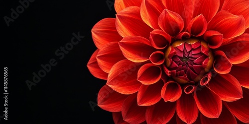 Close up macro image of a vibrant red dahlia flower isolated on a black background, showcasing the stunning details and rich color of the red dahlia in perfect clarity. photo