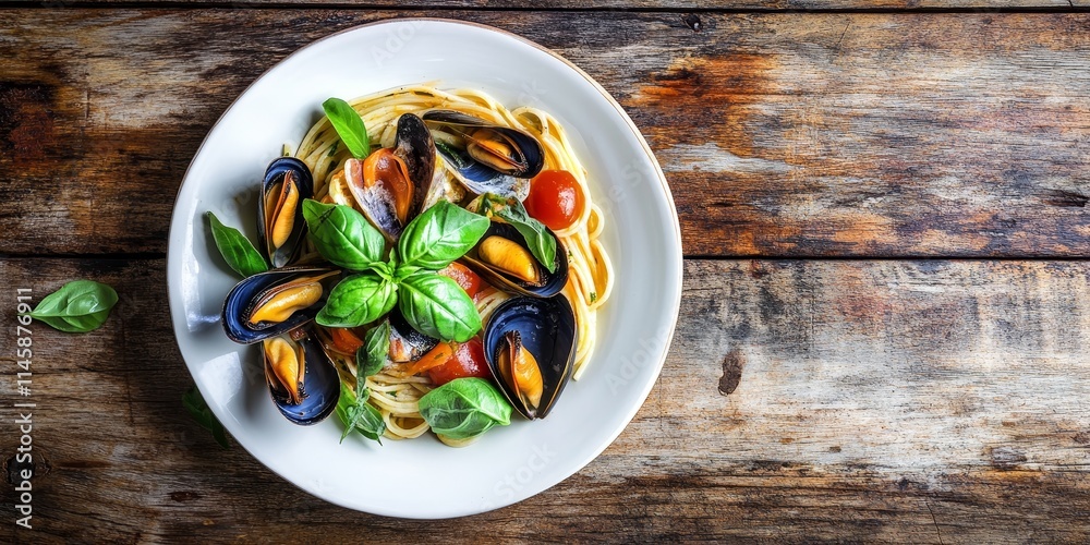 Seafood pasta featuring mussels and fresh basil served on a white plate atop a rustic wooden table, showcasing the delightful combination of flavors in this seafood pasta dish. Seafood pasta featuring mussels and fresh basil served on a white plate atop a rustic wooden table, showcasing the delightful combination of flavors in this seafood pasta dish.