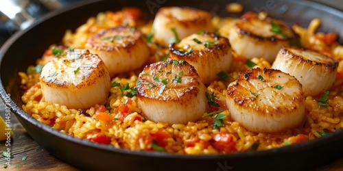 Vibrant orange Spanish rice paella paired with succulent lemon herb scallops creates a delightful dish. Enjoy the bold flavors of orange Spanish rice paella featuring delicious scallops. photo