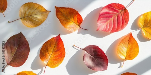 Close up of autumn leaves on a clean white background, showcasing the beauty of autumn leaves illuminated by soft sun rays, highlighting the vibrant colors of autumn leaves in detail.