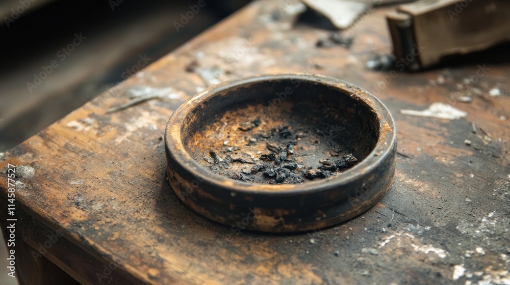 Burned Wooden Ashtray Sits On Dirty Table Burned Wooden Ashtray Sits On Dirty Table