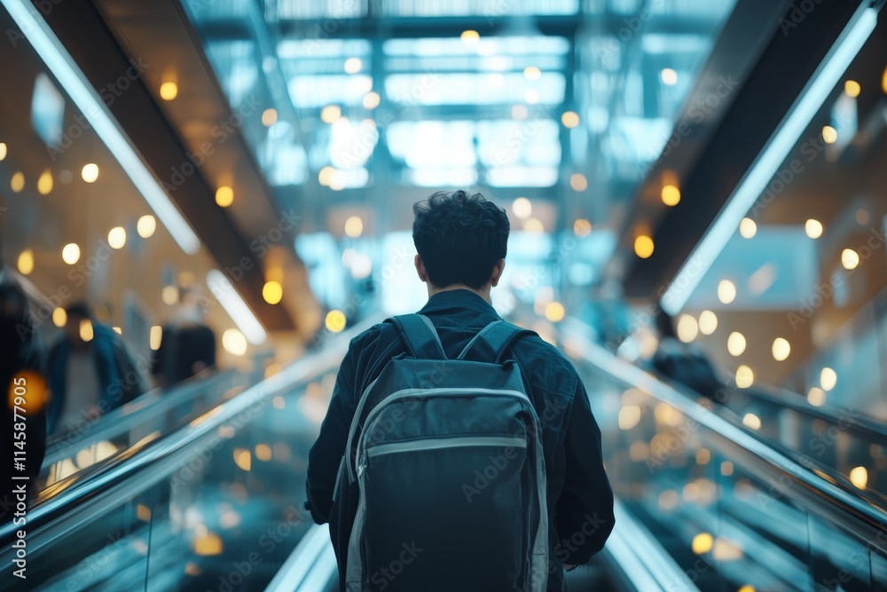 Naklejka premium Person with backpack travels down escalator in modern urban setting during evening hours