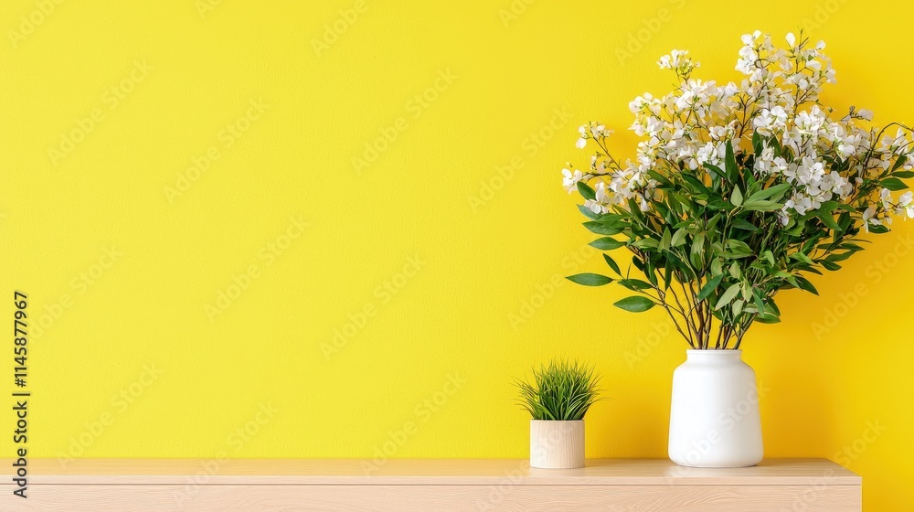 White flowers in vase on yellow wall. White flowers in vase on yellow wall.
