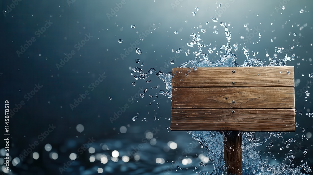 Fototapeta premium Dynamic splashes of water waves paired with rustic wooden signs, symbolizing the harmony of nature and rustic design imagine minimalist vector art,