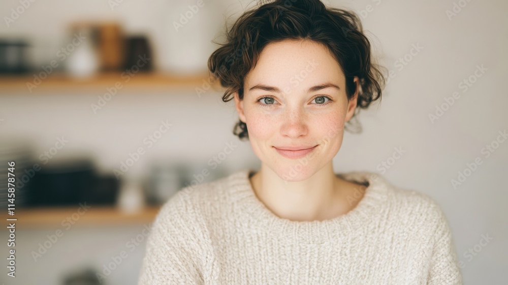 Confidently standing in a cozy cafe, a smiling woman enjoys the inviting ambiance and relaxed environment during a casual visit Confidently standing in a cozy cafe, a smiling woman enjoys the inviting ambiance and relaxed environment during a casual visit