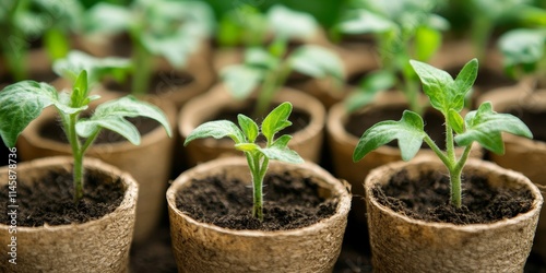 Planting young tomato seedlings in peat pots showcases the essence of homegrown food. This sustainable household practice of planting seedlings promotes a self sufficient garden and fresh vegetables.