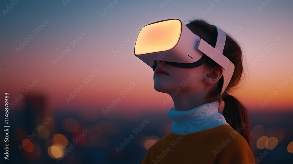 girl wearing virtual reality headset against sunset backdrop, immersed in technology and exploration. scene captures sense of wonder and innovation. girl wearing virtual reality headset against sunset backdrop, immersed in technology and exploration. scene captures sense of wonder and innovation.