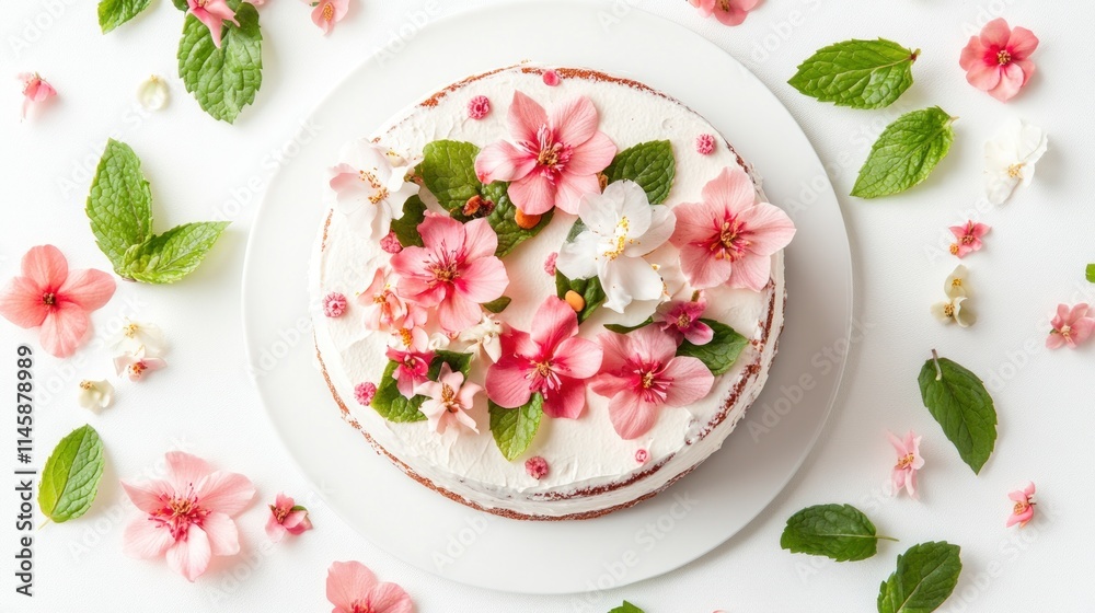 Cake decorated with pink flowers and green leaves on white background. Cake decorated with pink flowers and green leaves on white background.