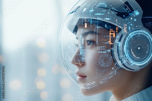 Futuristic woman wearing a high-tech helmet with digital interfaces in a modern tech environment in daylight