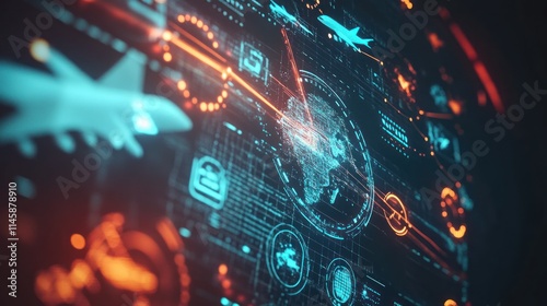 Glowing digital data interface with planes.