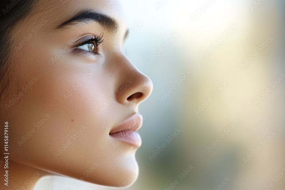 Fototapeta premium Profile of a young woman gazing thoughtfully outdoors during daylight hours