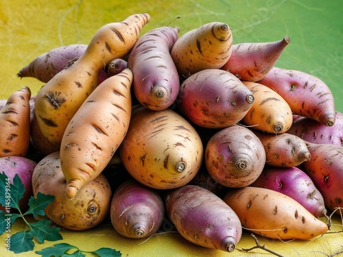 Pile of Freshly Harvested Sweet Potatoes on Vibrant Background photo