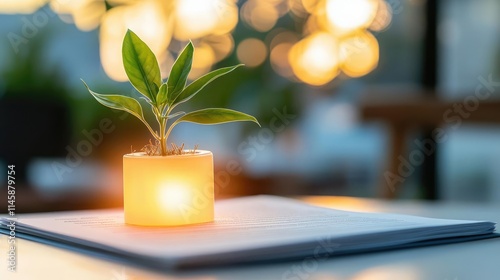 A glowing ethical loan document with leaves sprouting from its edges, emphasizing nature-focused lending photo