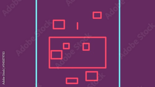 Animation on a dark background with pink geometric shapes and blue frames flashing.