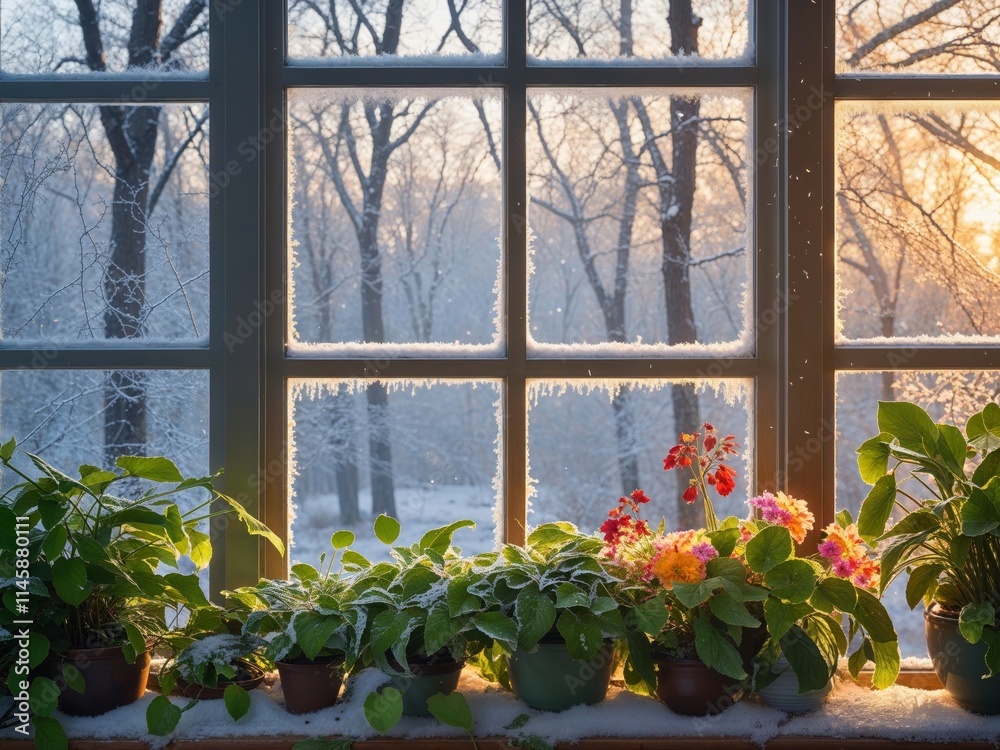 Fototapeta premium snowy trees stand behind house plants growing windowsill cold winter months