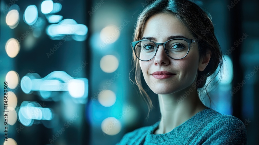Portrait of a smiling woman with glasses, nighttime city bokeh background. Portrait of a smiling woman with glasses, nighttime city bokeh background.