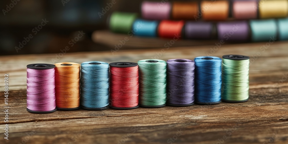 A variety of colorful sewing threads are neatly arranged and stacked on a wooden table, showcasing an assortment of hues perfect for various sewing projects. A variety of colorful sewing threads are neatly arranged and stacked on a wooden table, showcasing an assortment of hues perfect for various sewing projects.