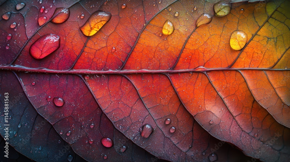 Fototapeta premium Closeup of autumn leaf with dewdrops nature scene macro photography colorful background natural beauty