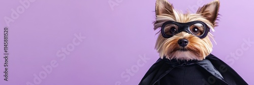 Yorkshire terrier in costume with mask and cape on purple backdrop. photo