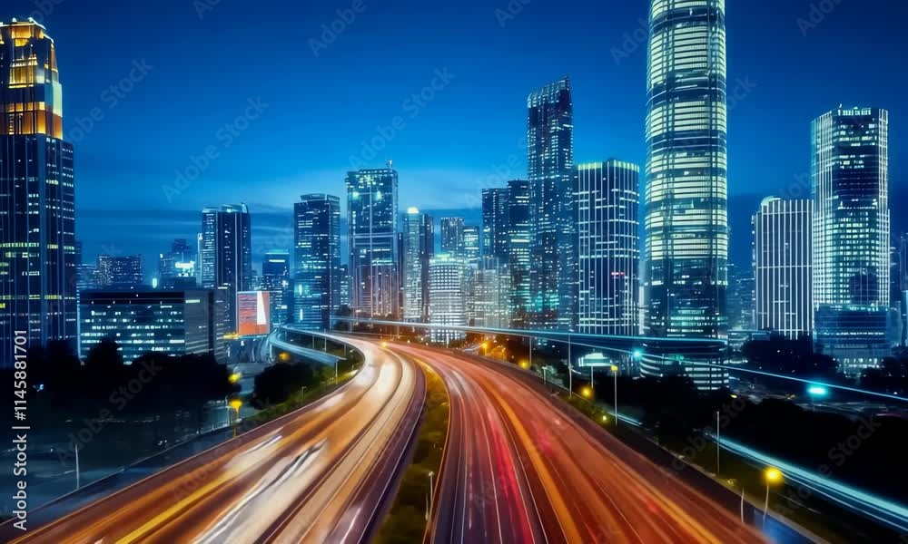 Long Road of Glowing Red Data Points Leading to City Skyline Long Road of Glowing Red Data Points Leading to City Skyline