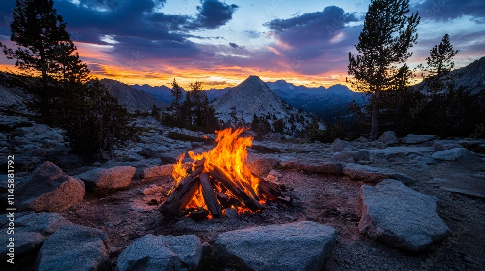 Fototapeta premium A campfire burns brightly against a stunning mountain sunset backdrop.