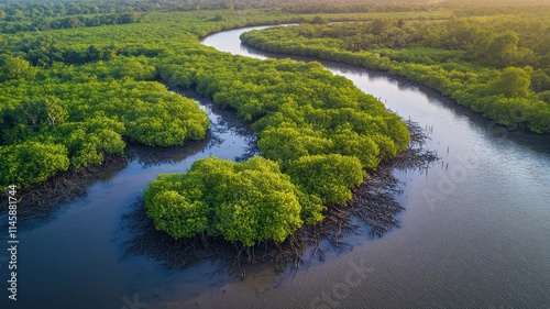 Serene aerial view of mangrove forest roots in coastal waters nature photography from a drone perspective