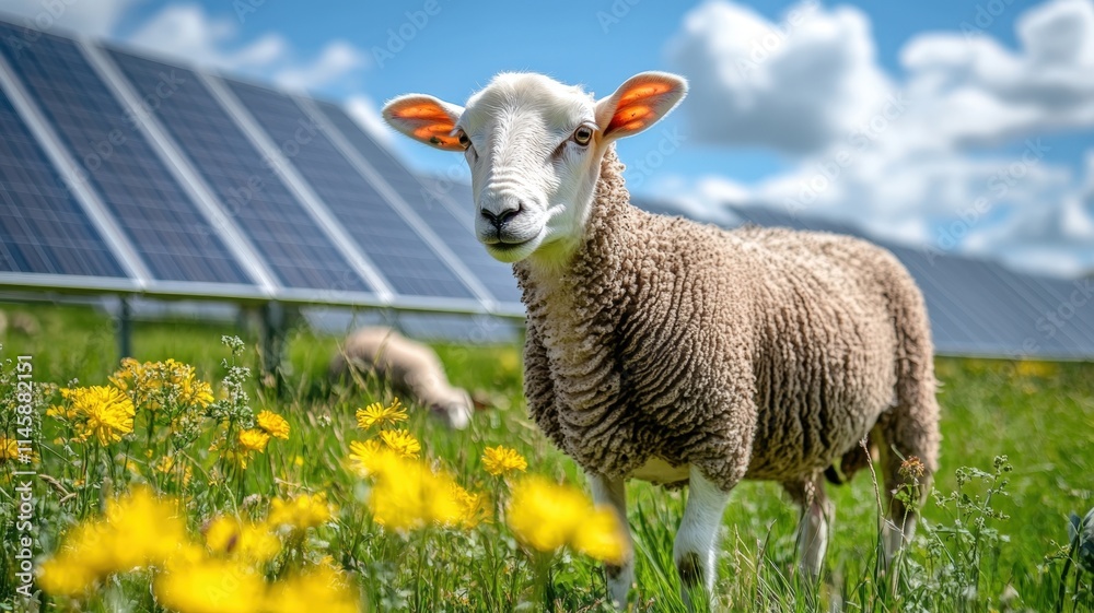 Obraz premium Renewable energy action sheep grazing at a solar energy farm in nature vibrant landscape viewpoint for sustainability