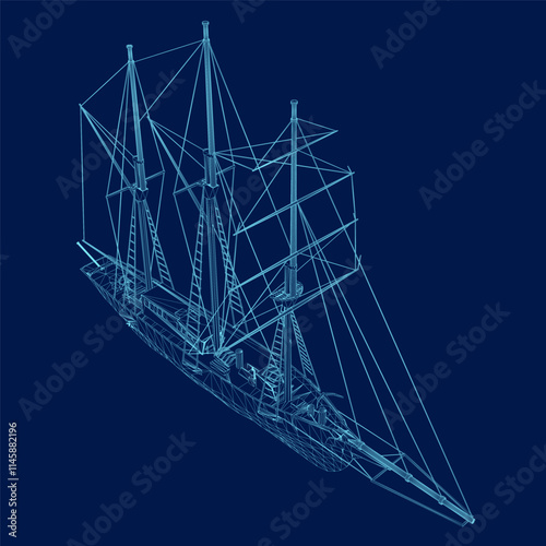 Sailing ship contour vintage vector illustration design, retro marine. Isometric view