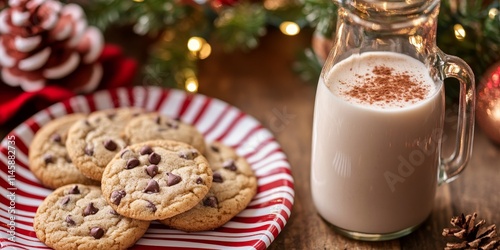 Homemade egg nog served in a glass milk bottle features delightful cinnamon flavor, accompanied by chocolate chip cookies on a red and white striped plate, with festive lights in the background. photo