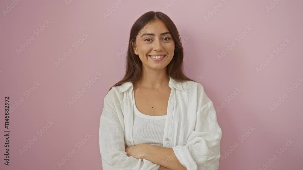 Young woman standing against a pink background, smiling warmly with her arms crossed, wearing a white outfit Young woman standing against a pink background, smiling warmly with her arms crossed, wearing a white outfit