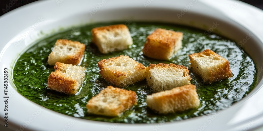 Delicious spinach soup served with crispy croutons in a pristine white bowl, offering a comforting and nutritious dish perfect for any meal featuring spinach soup and croutons. Delicious spinach soup served with crispy croutons in a pristine white bowl, offering a comforting and nutritious dish perfect for any meal featuring spinach soup and croutons.
