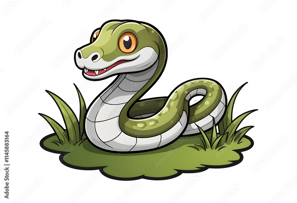 Fototapeta premium Playful clipart illustration of a snake on a grassy field.