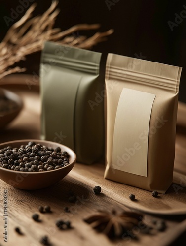 eco paper bags for storing spices on a wooden table with scattered peppers and peas photo