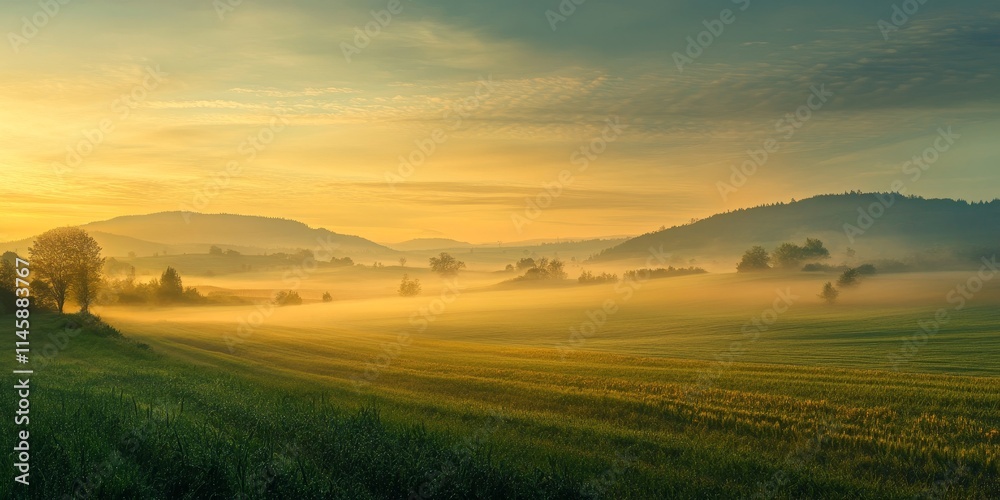 A stunning, foggy morning landscape unfolds across the agricultural fields, creating a picturesque and serene atmosphere in the countryside. A stunning, foggy morning landscape unfolds across the agricultural fields, creating a picturesque and serene atmosphere in the countryside.