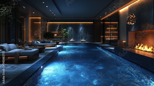 Wallpaper Mural Luxurious indoor pool with fireplace and lounge area at night. Torontodigital.ca