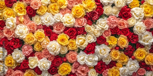 Close up view of a vibrant backdrop featuring blooming roses in colors like red, yellow, white, and pink. These vivid roses are perfect for creating a beautiful floral display for Valentine s Day. photo