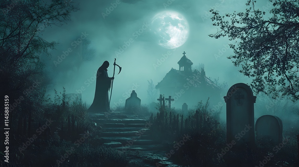Fototapeta premium Grim Reaper Stands Near Churchyard Under Moonlight