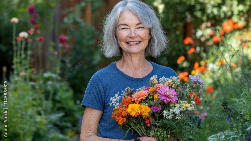 Smiling woman holds colorful flowers in garden. Smiling woman holds colorful flowers in garden.