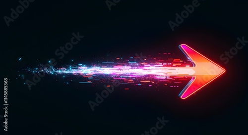 Glowing neon arrow in vibrant red with an orange and pink gradient, leaving a dynamic trail of sparkling particles that transition into blue and purple hues, set against a dark futuristic background.