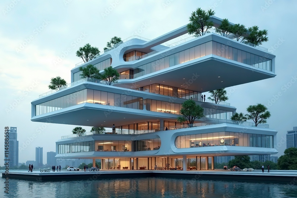 Futuristic multi-story building with interconnected rectangular levels ...