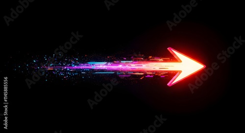 Glowing neon arrow in vibrant red with an orange and pink gradient, leaving a dynamic trail of sparkling particles that transition into blue and purple hues, set against a dark futuristic background.