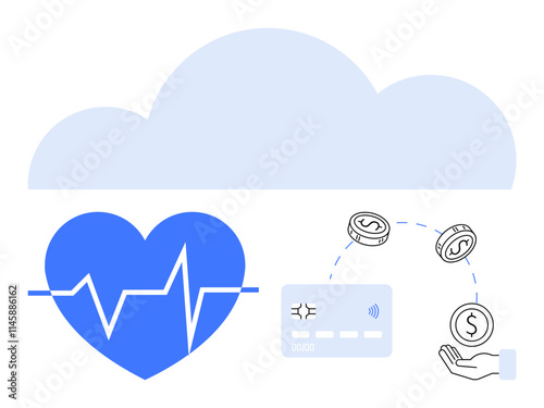 Heart with pulse line, floating cloud, credit card, and coins symbolizing digital transactions and health monitoring. Ideal for tech innovations, financial services, healthcare applications, online