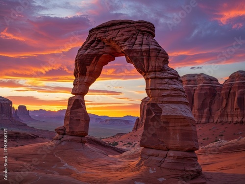 Explore the stunning Delicate Arch at sunset in Arches National Park with vibrant colors illuminating the desert landscape