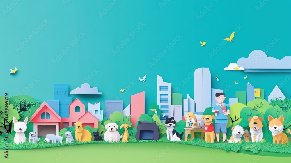 Papercut scene with various dogs and a person in a city. Papercut scene with various dogs and a person in a city.