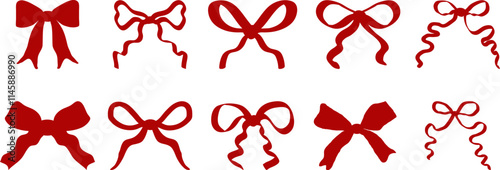 Set vintage red bows with wavy ribbons. Trendy vector clipart for prints, invitations, cards
