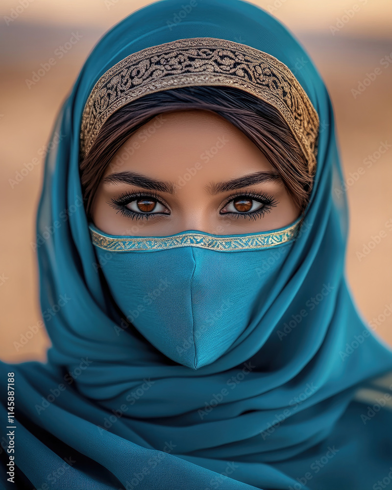 woman in a turquoise veil and headscarf, with intricate patterns on the fabric, staring directly at the camera woman in a turquoise veil and headscarf, with intricate patterns on the fabric, staring directly at the camera