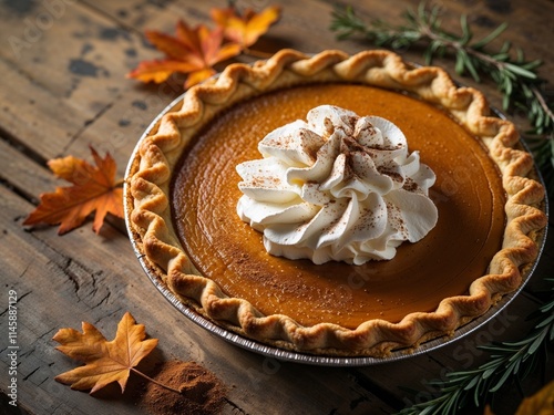 Classic Thanksgiving Pumpkin Pie with Whipped Cream on Rustic Wooden Table