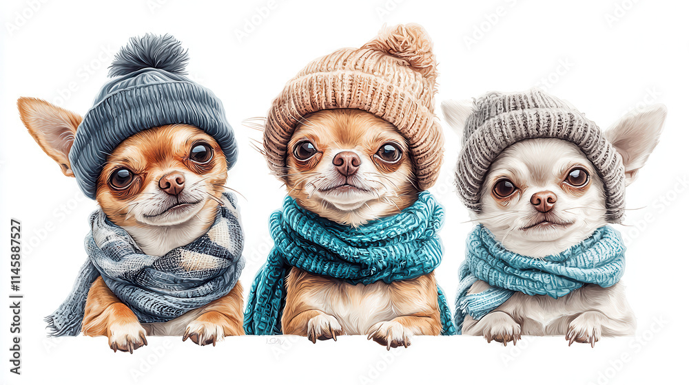 Fototapeta premium Cozy Chihuahuas wearing warm scarves and hats, showcasing their adorable charm